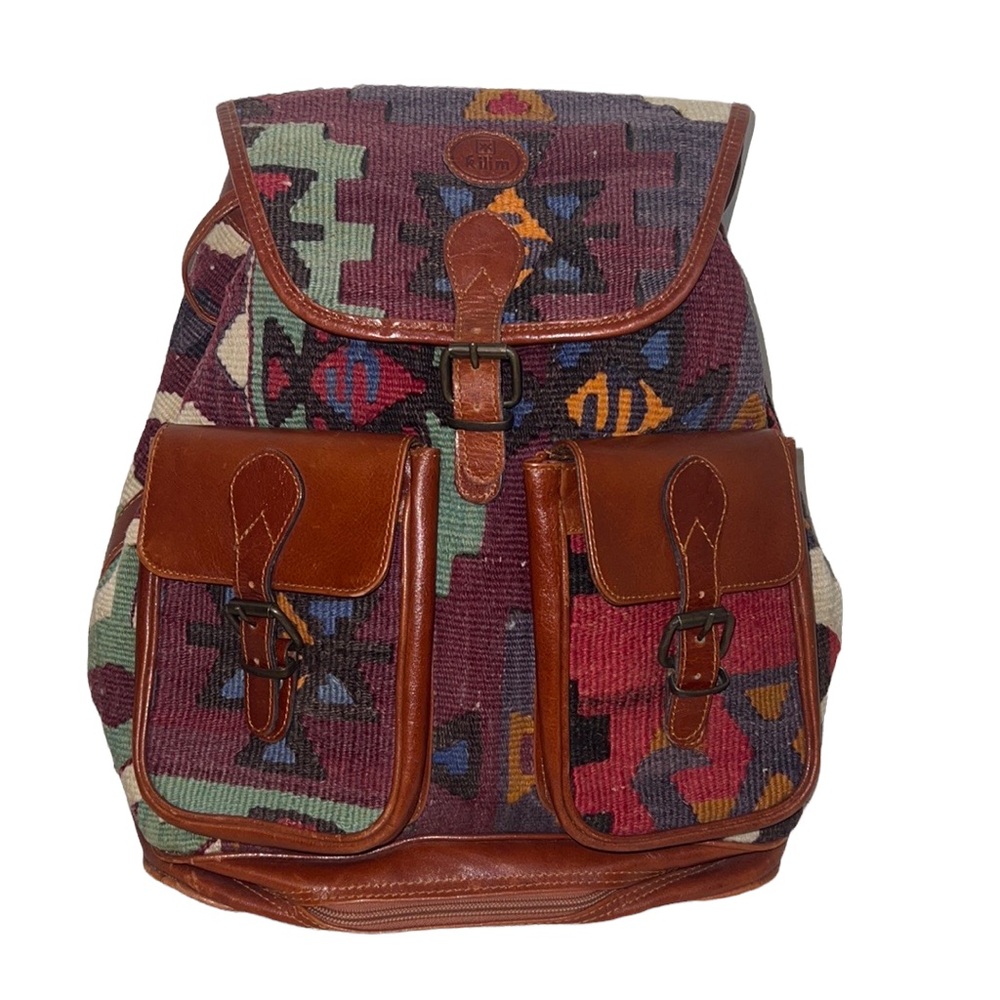 Vintage Y2K Kilim and Leather Backpack Bohemian Moroccan Unisex Handmade